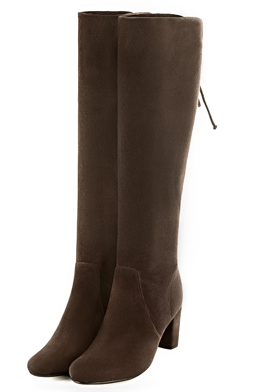 Chocolate brown women's knee-high boots, with laces at the back. Round toe. Medium block heels. Made to measure. Front view - Florence KOOIJMAN